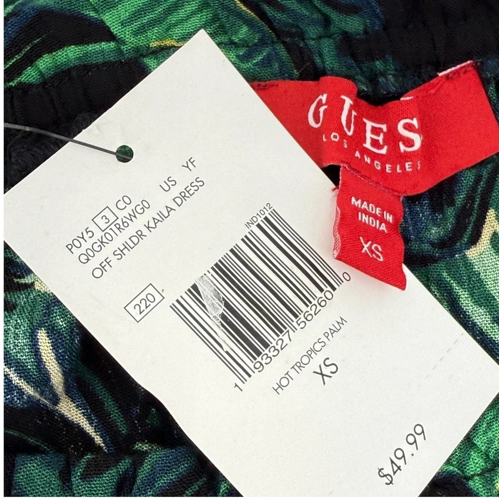 GUESS Tropical Palm Leaf Off Shoulder Smocked Boho Party Mini Dress XS NWT‎ Vaca